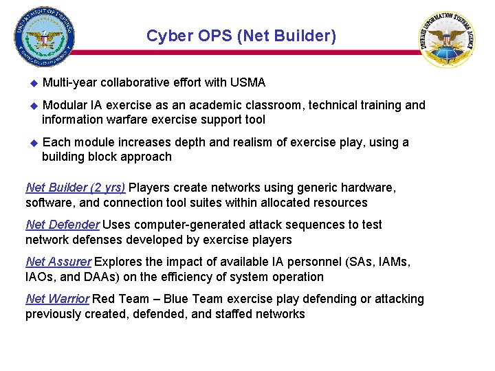 Cyber OPS (Net Builder) u Multi-year collaborative effort with USMA u Modular IA exercise