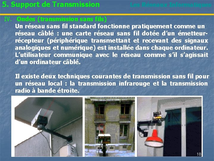 5. Support de Transmission Les Réseaux Informatiques IV. Ondes (transmission sans fils) Un réseau