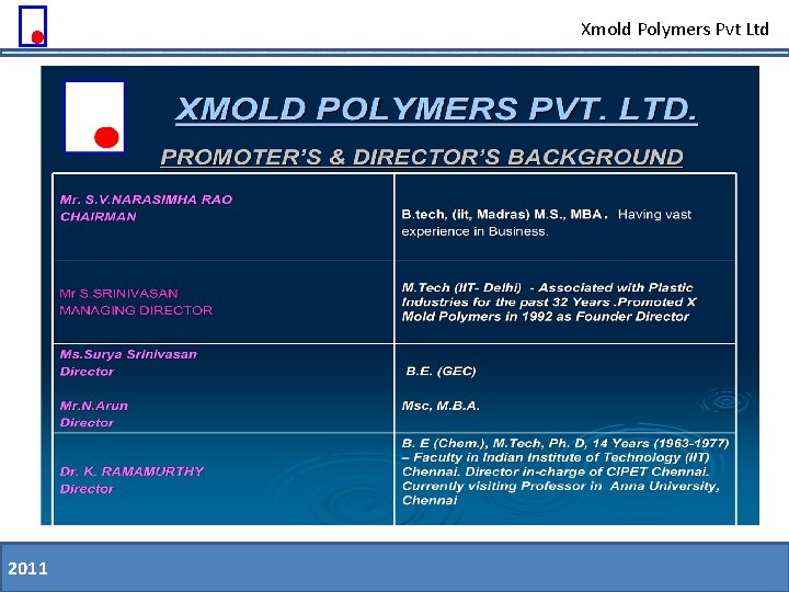 Xmold Polymers Pvt Ltd 2011 11. 08. 09 Slide 2 of 79 