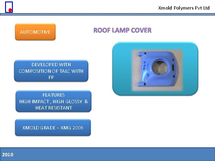 Xmold Polymers Pvt Ltd AUTOMOTIVE ROOF LAMP COVER DEVELOPED WITH COMPOSITION OF TALC WITH