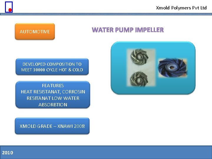 Xmold Polymers Pvt Ltd AUTOMOTIVE WATER PUMP IMPELLER DEVELOPED COMPOSITION TO MEET 30000 CYCLE