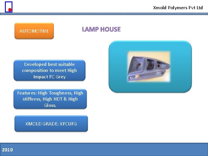 Xmold Polymers Pvt Ltd AUTOMOTIVE LAMP HOUSE Developed best suitable composition to meet High