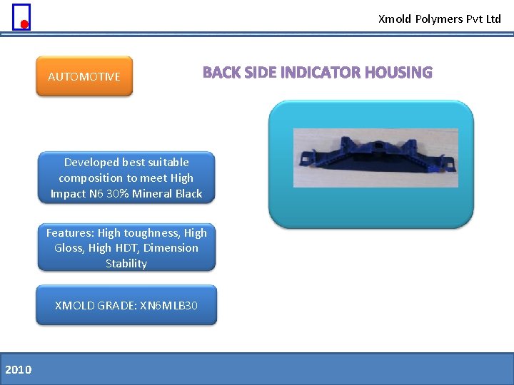 Xmold Polymers Pvt Ltd AUTOMOTIVE BACK SIDE INDICATOR HOUSING Developed best suitable composition to