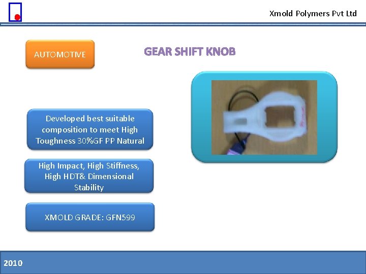 Xmold Polymers Pvt Ltd AUTOMOTIVE GEAR SHIFT KNOB Developed best suitable composition to meet