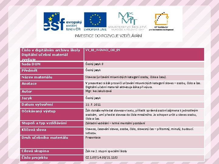 Číslo v digitálním archivu školy Digitální učební materiál zvyšuje Sada DUM VY_32_INOVACE_CJ 8_09 Předmět