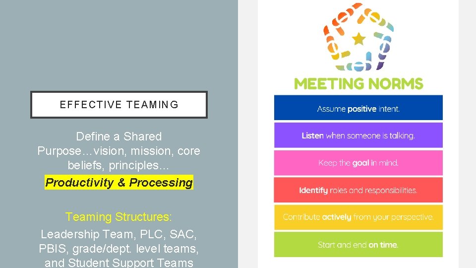 EFF E CTIVE TEAMING Define a Shared Purpose…vision, mission, core beliefs, principles… Productivity &