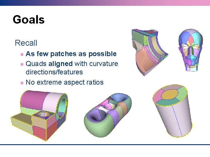 Goals Recall As few patches as possible Quads aligned with curvature directions/features No extreme