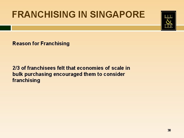 FRANCHISING IN SINGAPORE Reason for Franchising 2/3 of franchisees felt that economies of scale FRANCHISING IN SINGAPORE Reason for Franchising 2/3 of franchisees felt that economies of scale