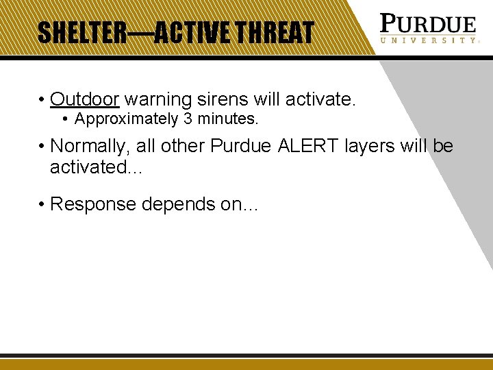 SHELTER—ACTIVE THREAT • Outdoor warning sirens will activate. • Approximately 3 minutes. • Normally, SHELTER—ACTIVE THREAT • Outdoor warning sirens will activate. • Approximately 3 minutes. • Normally,