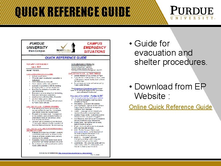 QUICK REFERENCE GUIDE • Guide for evacuation and shelter procedures. • Download from EP QUICK REFERENCE GUIDE • Guide for evacuation and shelter procedures. • Download from EP