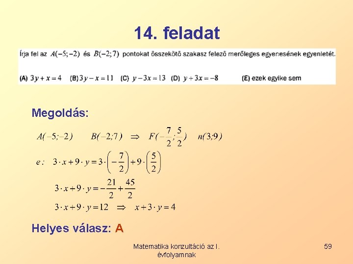 14. feladat Megoldás: Helyes válasz: A Matematika konzultáció az I. évfolyamnak 59 