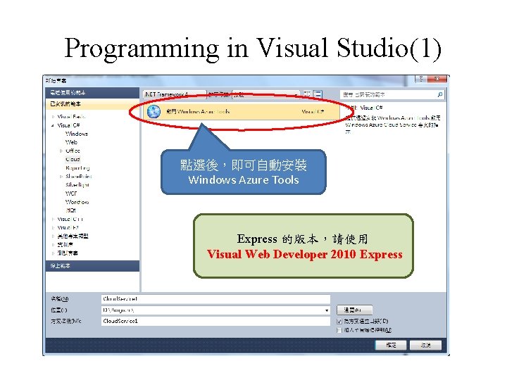 Programming in Visual Studio(1) 點選後，即可自動安裝 Windows Azure Tools Express 的版本，請使用 Visual Web Developer 2010