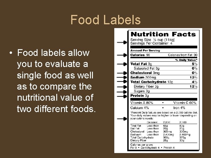 Food Labels • Food labels allow you to evaluate a single food as well