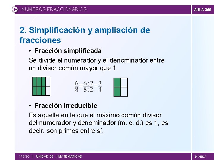 NÚMEROS FRACCIONARIOS AULA 360 2. Simplificación y ampliación de fracciones • Fracción simplificada Se