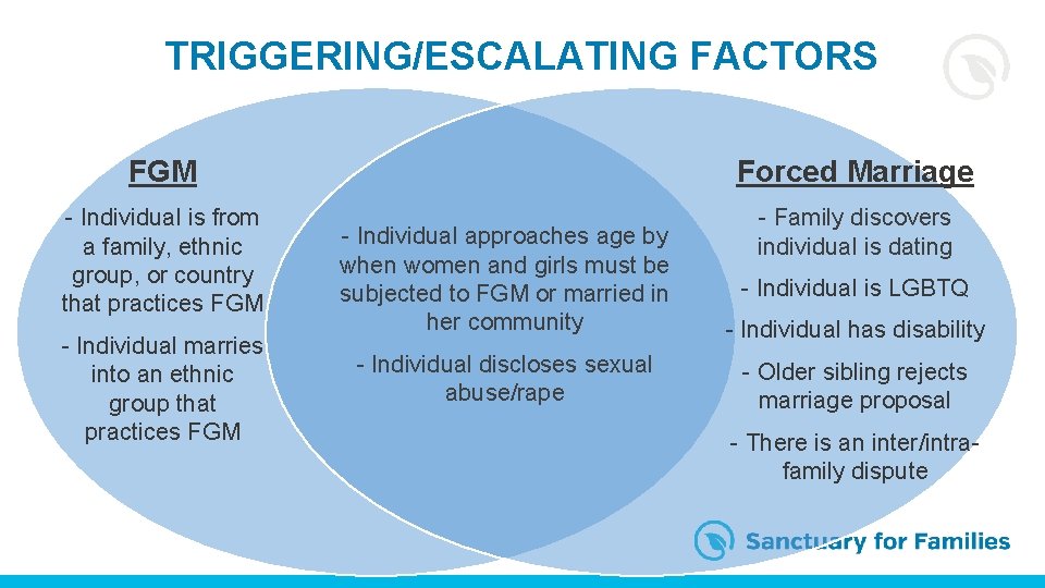 TRIGGERING/ESCALATING FACTORS FGM Forced Marriage - Individual is from a family, ethnic group, or