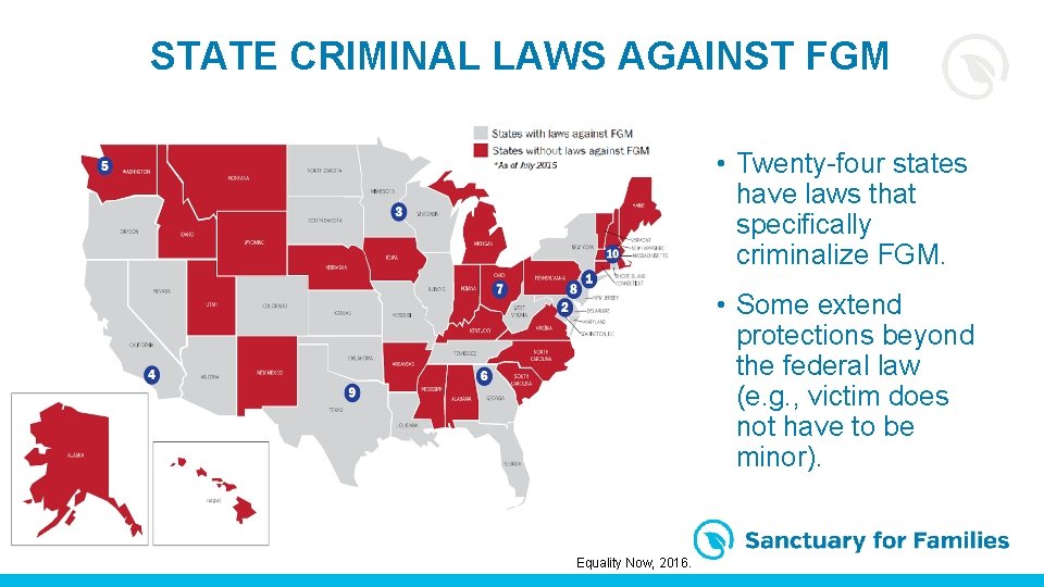 STATE CRIMINAL LAWS AGAINST FGM • Twenty-four states have laws that specifically criminalize FGM. STATE CRIMINAL LAWS AGAINST FGM • Twenty-four states have laws that specifically criminalize FGM.