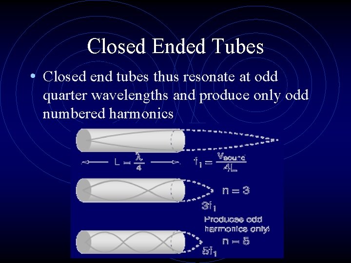 Closed Ended Tubes • Closed end tubes thus resonate at odd quarter wavelengths and