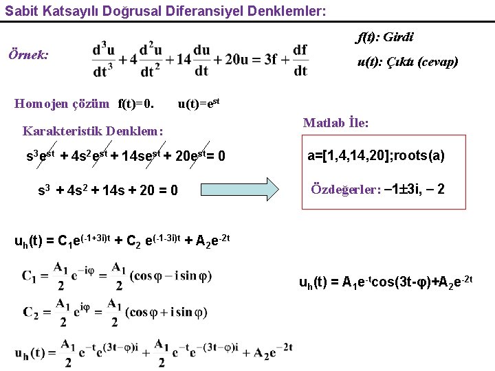 Sabit Katsayılı Doğrusal Diferansiyel Denklemler: f(t): Girdi Örnek: Homojen çözüm f(t)=0. u(t): Çıktı (cevap)