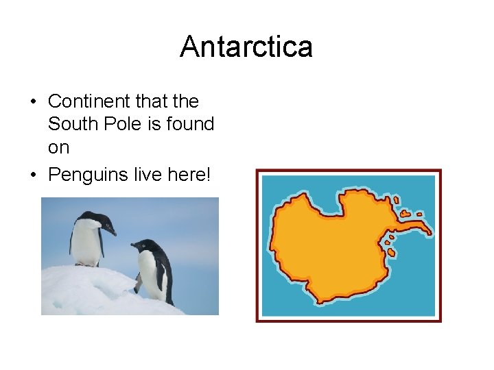 Antarctica • Continent that the South Pole is found on • Penguins live here!