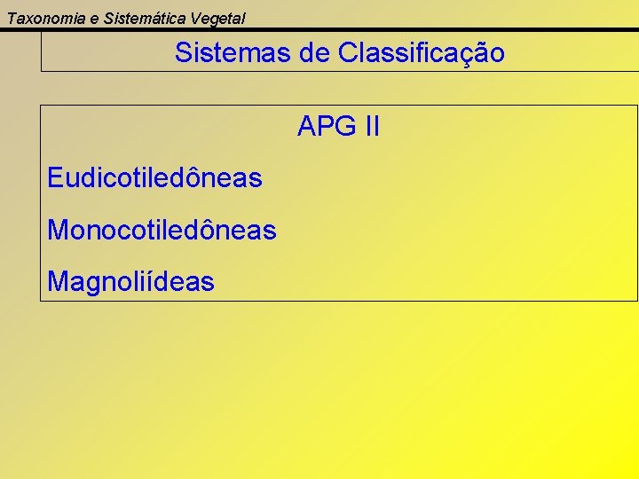 Taxonomia e Sistemática Vegetal Sistemas de Classificação APG II Eudicotiledôneas Monocotiledôneas Magnoliídeas 