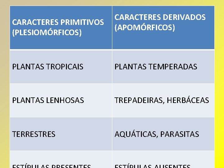 CARACTERES PRIMITIVOS (PLESIOMÓRFICOS) CARACTERES DERIVADOS (APOMÓRFICOS) PLANTAS TROPICAIS PLANTAS TEMPERADAS PLANTAS LENHOSAS TREPADEIRAS, HERBÁCEAS
