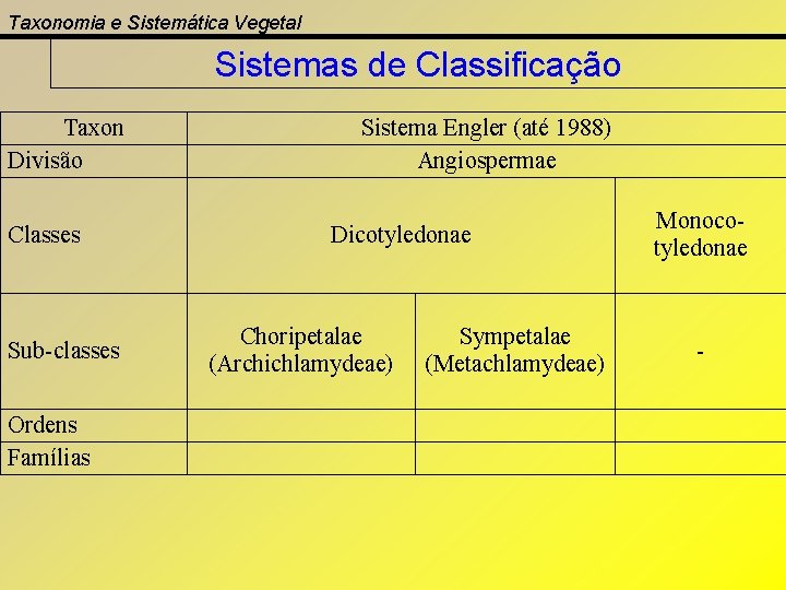 Taxonomia e Sistemática Vegetal Sistemas de Classificação Taxon Divisão Sistema Engler (até 1988) Angiospermae