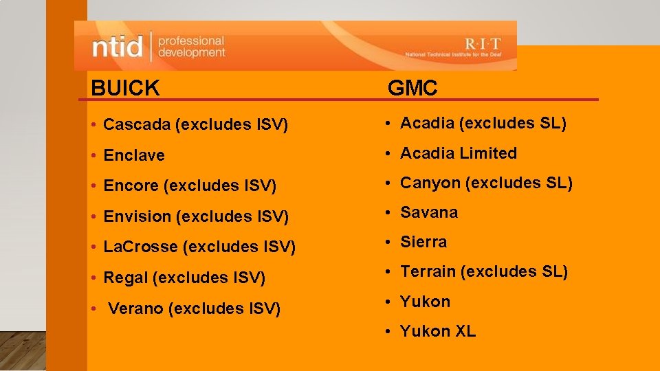 BUICK GMC • Cascada (excludes ISV) • Acadia (excludes SL) • Enclave • Acadia
