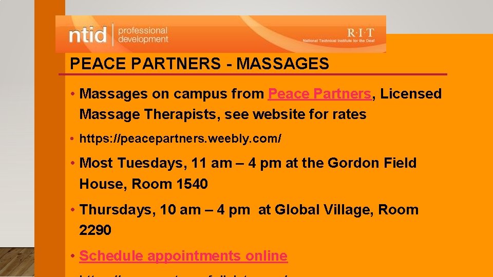 PEACE PARTNERS - MASSAGES • Massages on campus from Peace Partners, Licensed Massage Therapists,