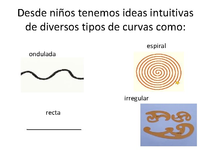 Desde niños tenemos ideas intuitivas de diversos tipos de curvas como: ondulada espiral irregular