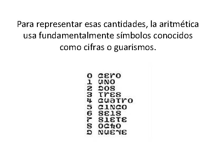 Para representar esas cantidades, la aritmética usa fundamentalmente símbolos conocidos como cifras o guarismos.