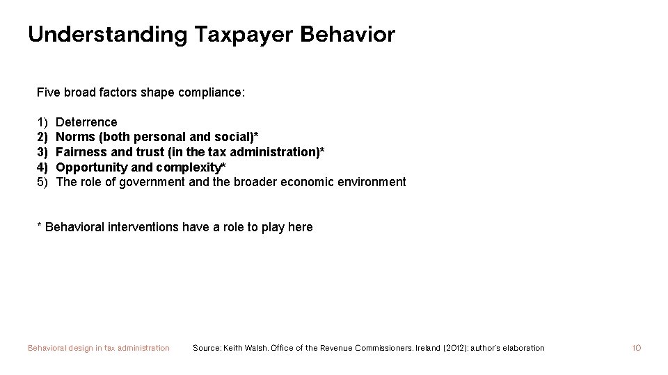 Understanding Taxpayer Behavior Five broad factors shape compliance: 1) Deterrence 2) Norms (both personal