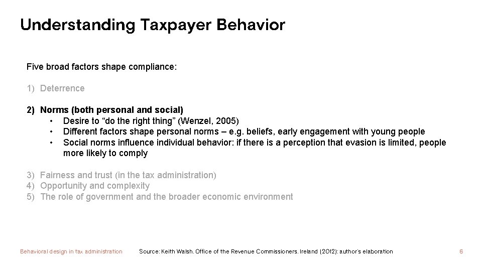 Understanding Taxpayer Behavior Five broad factors shape compliance: 1) Deterrence 2) Norms (both personal