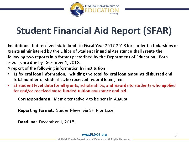 Student Financial Aid Report (SFAR) Institutions that received state funds in Fiscal Year 2017