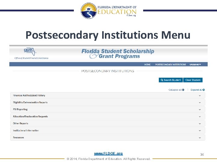Postsecondary Institutions Menu www. FLDOE. org © 2014, Florida Department of Education. All Rights
