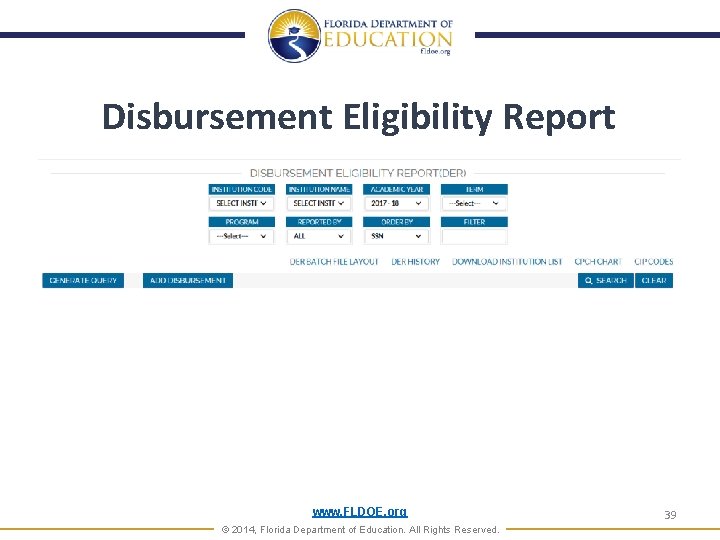 Disbursement Eligibility Report www. FLDOE. org © 2014, Florida Department of Education. All Rights