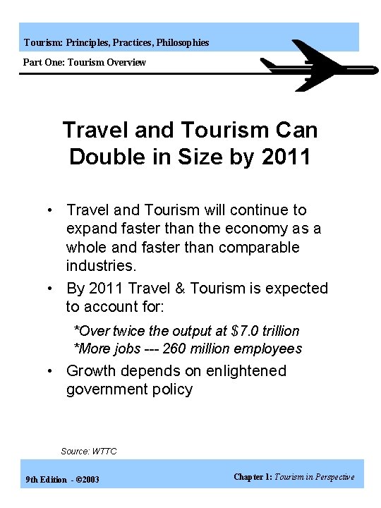 Tourism: Principles, Practices, Philosophies Part One: Tourism Overview Travel and Tourism Can Double in