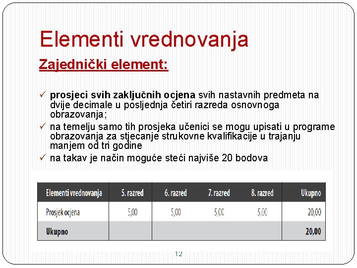 Elementi vrednovanja Zajednički element: ü prosjeci svih zaključnih ocjena svih nastavnih predmeta na dvije