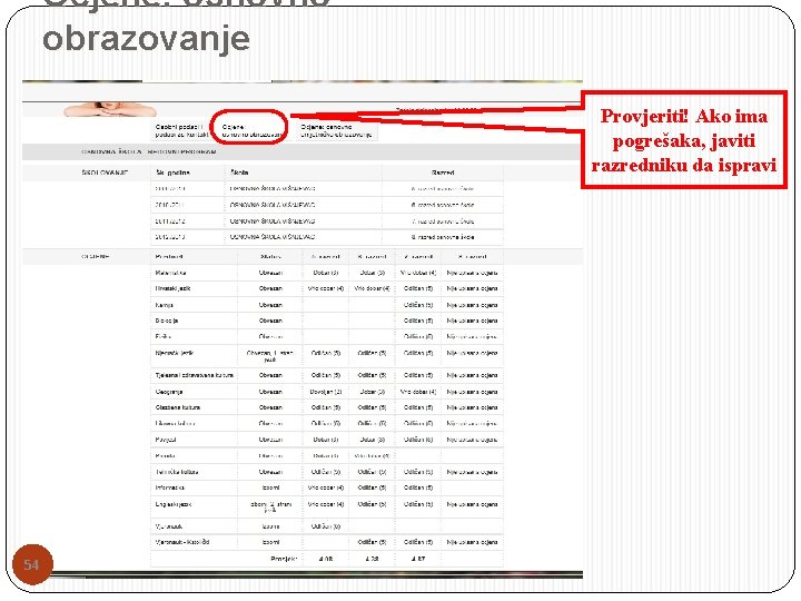 Ocjene: osnovno obrazovanje Provjeriti! Ako ima pogrešaka, javiti razredniku da ispravi 54 