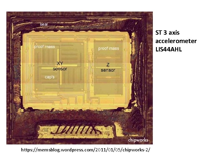 ST 3 axis accelerometer LIS 44 AHL https: //memsblog. wordpress. com/2011/01/05/chipworks-2/ ST 3 axis accelerometer LIS 44 AHL https: //memsblog. wordpress. com/2011/01/05/chipworks-2/