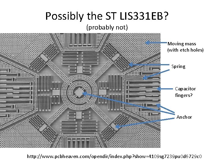Possibly the ST LIS 331 EB? (probably not) Moving mass (with etch holes) Spring Possibly the ST LIS 331 EB? (probably not) Moving mass (with etch holes) Spring