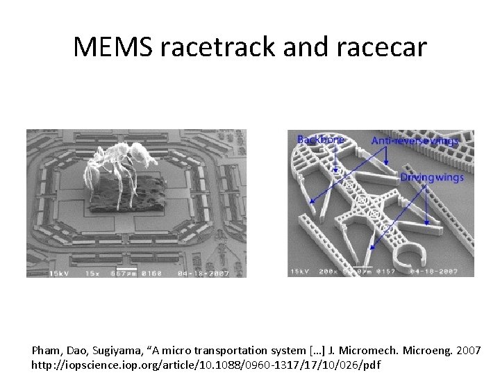 MEMS racetrack and racecar Pham, Dao, Sugiyama, “A micro transportation system […] J. Micromech.