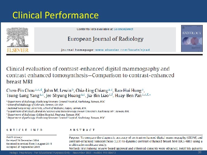 Clinical Performance Hologic Proprietary - For Educational Purposes Only - November 2015 - rev
