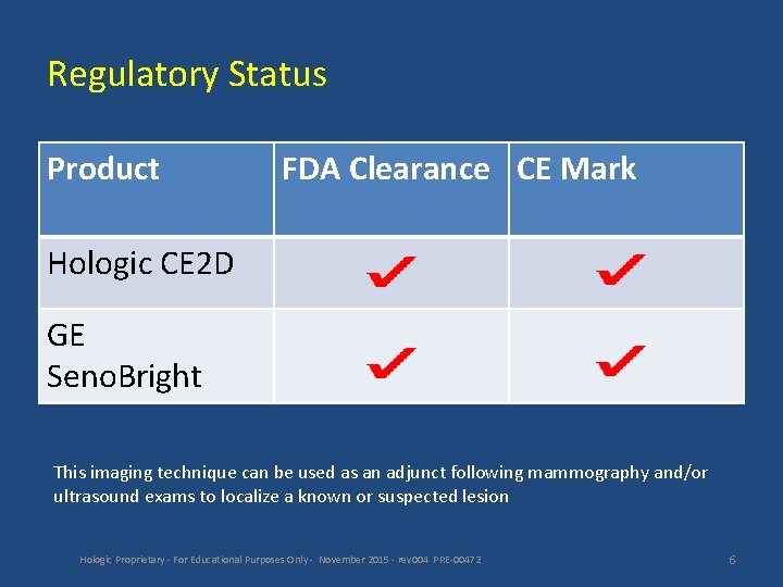 Regulatory Status Product FDA Clearance CE Mark Hologic CE 2 D GE Seno. Bright