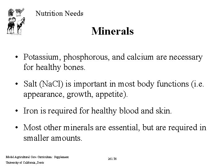 Nutrition Needs Minerals • Potassium, phosphorous, and calcium are necessary for healthy bones. •