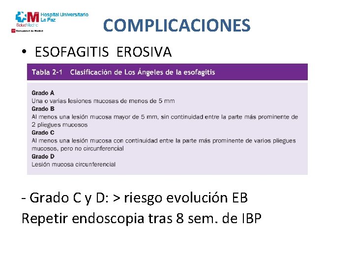 COMPLICACIONES • ESOFAGITIS EROSIVA - Grado C y D: > riesgo evolución EB Repetir