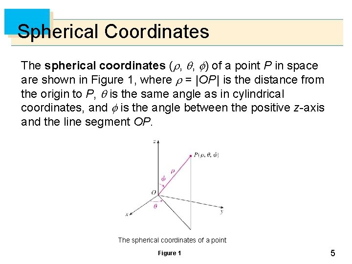 Spherical Coordinates The spherical coordinates ( , , ) of a point P in