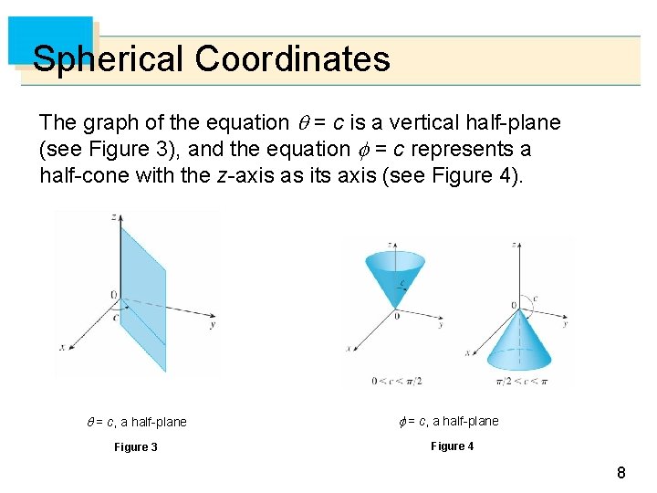 Spherical Coordinates The graph of the equation = c is a vertical half-plane (see