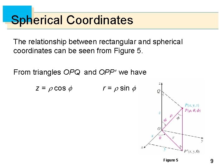 Spherical Coordinates The relationship between rectangular and spherical coordinates can be seen from Figure