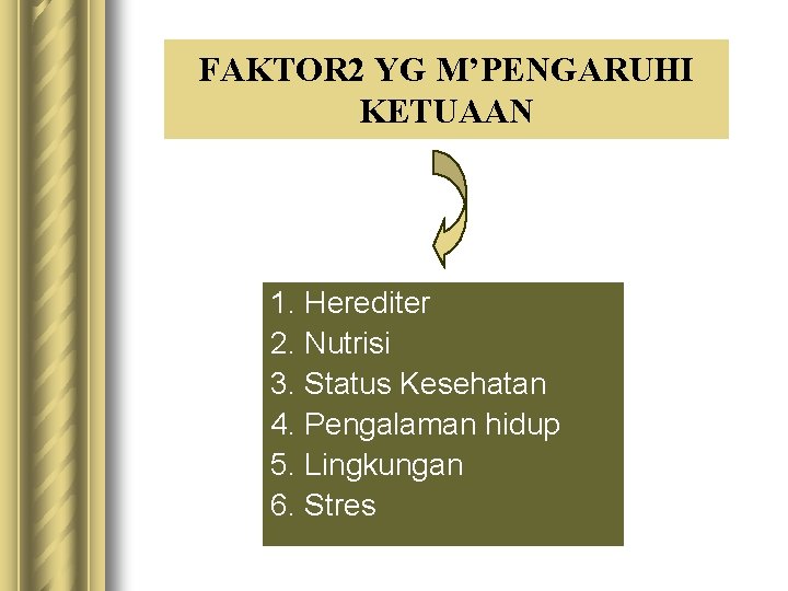 FAKTOR 2 YG M’PENGARUHI KETUAAN 1. Herediter 2. Nutrisi 3. Status Kesehatan 4. Pengalaman