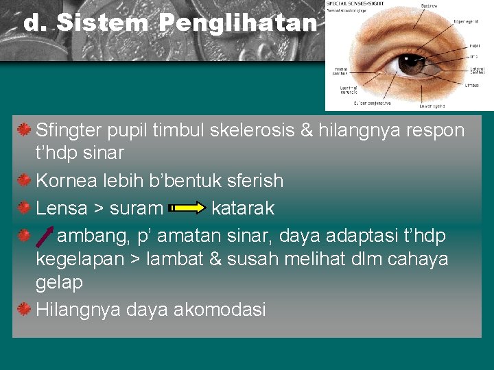 d. Sistem Penglihatan Sfingter pupil timbul skelerosis & hilangnya respon t’hdp sinar Kornea lebih